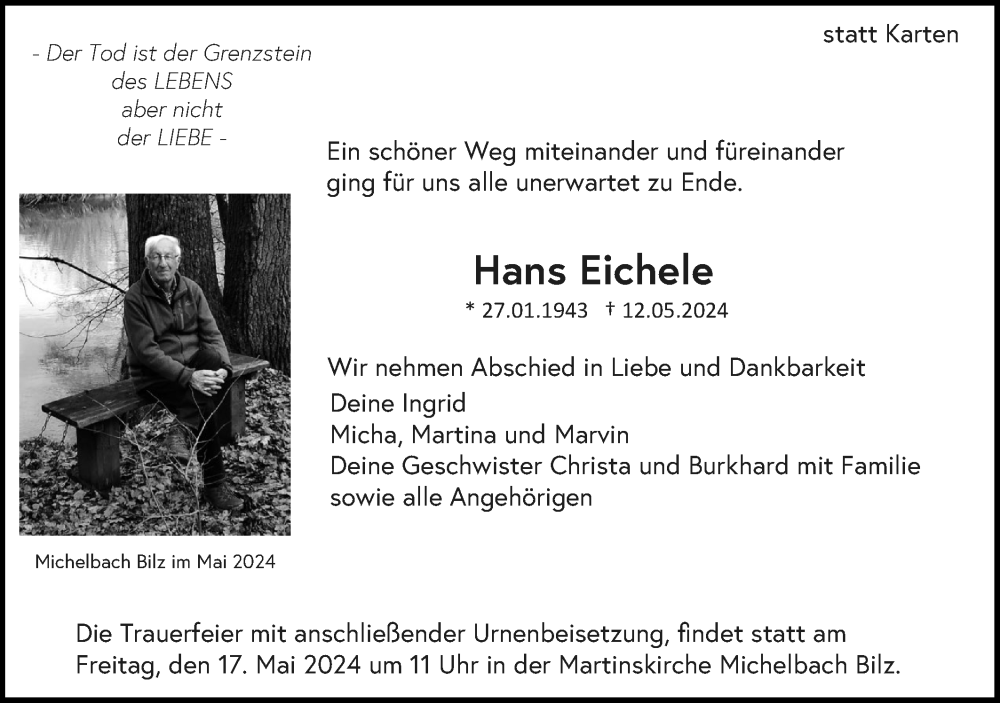  Traueranzeige für Hans Eichele vom 14.05.2024 aus Haller Tagblatt