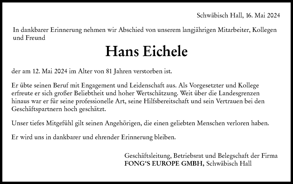  Traueranzeige für Hans Eichele vom 16.05.2024 aus Haller Tagblatt