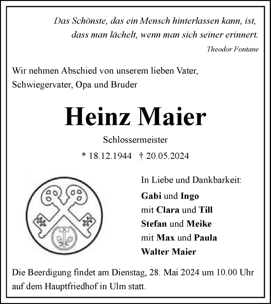  Traueranzeige für Heinz Maier vom 25.05.2024 aus SÜDWEST PRESSE Ausgabe Ulm/Neu-Ulm