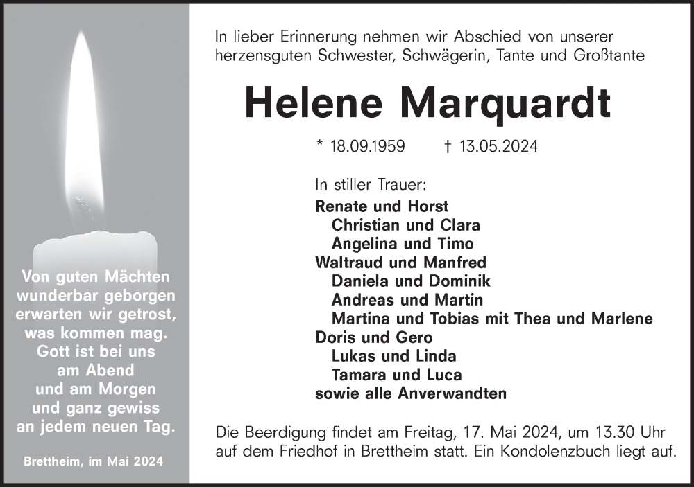  Traueranzeige für Helene Marquardt vom 16.05.2024 aus Hohenloher Tagblatt