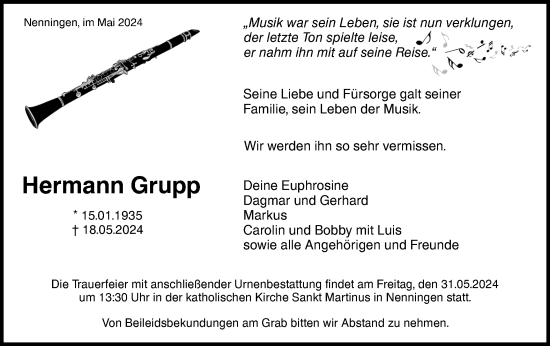 Traueranzeige von Hermann Grupp von NWZ Neue Württembergische Zeitung