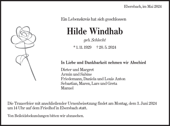 Traueranzeige von Hilde Windhab von NWZ Neue Württembergische Zeitung