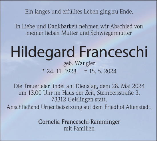 Traueranzeige von Hildegard Franceschi von Geislinger Zeitung