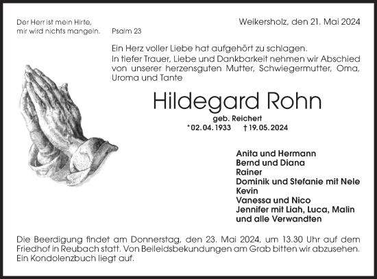 Traueranzeige von Hildegard Rohn von Hohenloher Tagblatt