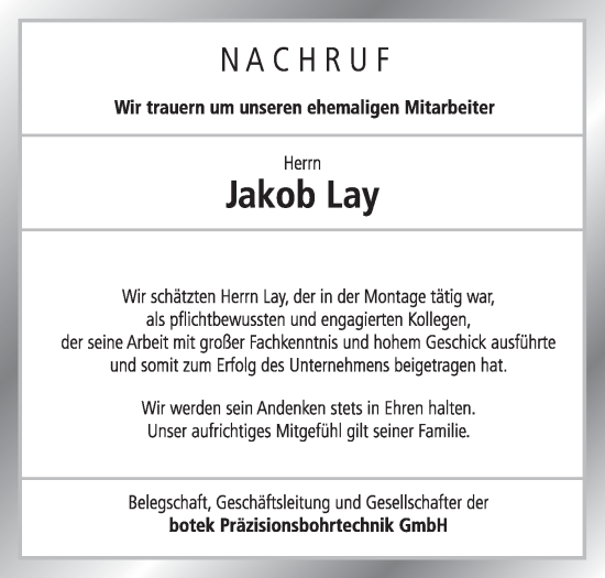 Traueranzeige von Jakob Lay von Alb-Bote/Metzinger-Uracher Volksblatt