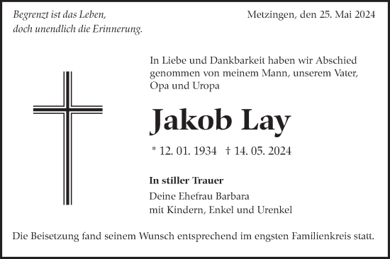 Traueranzeige von Jakob Lay von Alb-Bote/Metzinger-Uracher Volksblatt