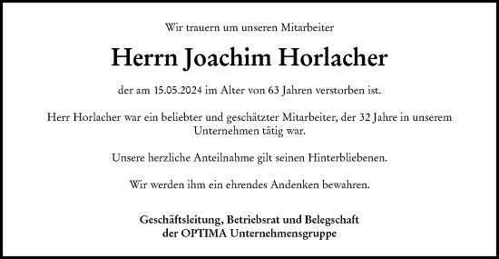 Traueranzeige von Joachim Horlacher von Haller Tagblatt
