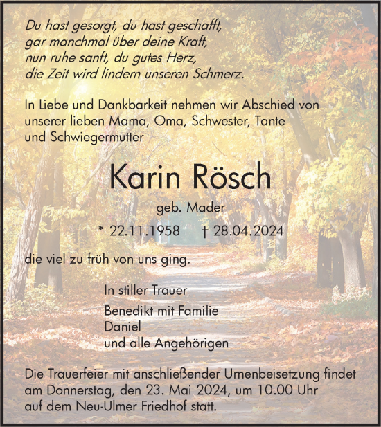 Traueranzeige von Karin Rösch von SÜDWEST PRESSE Ausgabe Ulm/Neu-Ulm