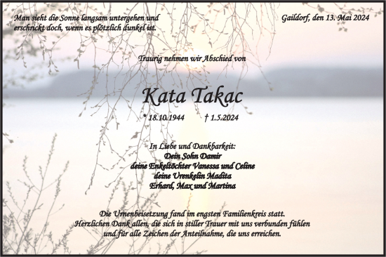 Traueranzeige von Katja Takac von Rundschau Gaildorf