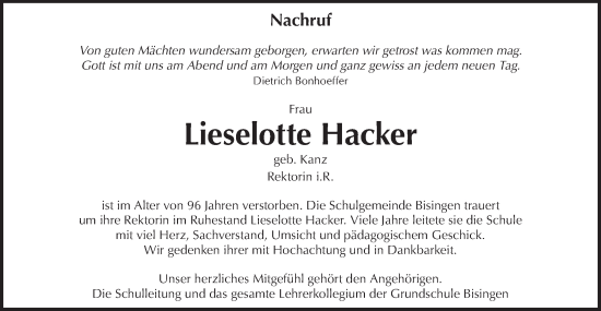 Traueranzeige von Lieselotte Hacker von SÜDWEST PRESSE Zollernalbkreis/Hohenzollerische Zeitung