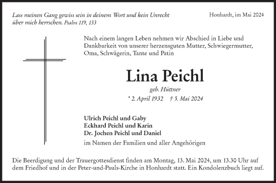 Traueranzeige von Lina Peichl von Hohenloher Tagblatt