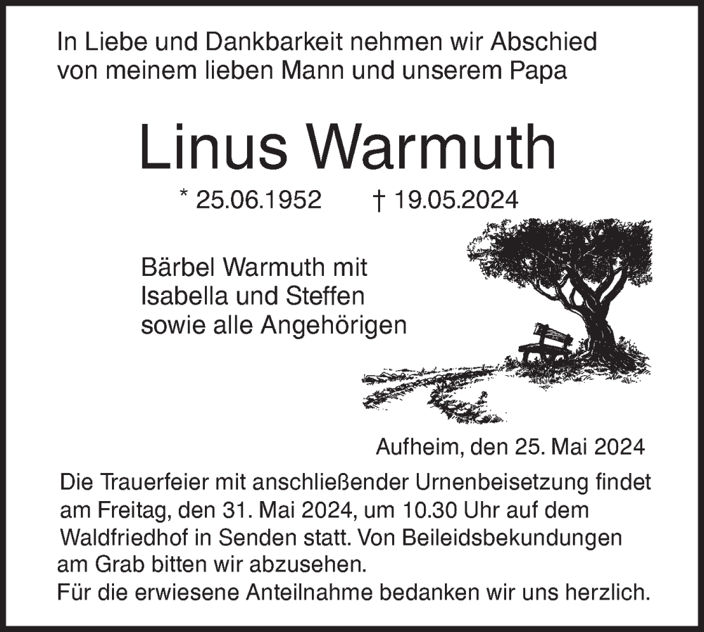  Traueranzeige für Linus Warmuth vom 25.05.2024 aus SÜDWEST PRESSE Ausgabe Ulm/Neu-Ulm