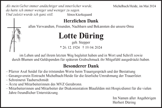 Traueranzeige von Lotte Düring von Hohenloher Tagblatt