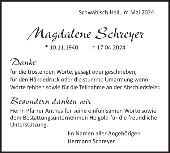 Traueranzeige von Magdalene Schreyer von Haller Tagblatt