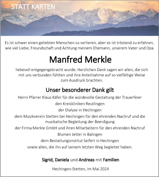 Traueranzeige von Manfred Merkle von SÜDWEST PRESSE Zollernalbkreis/Hohenzollerische Zeitung