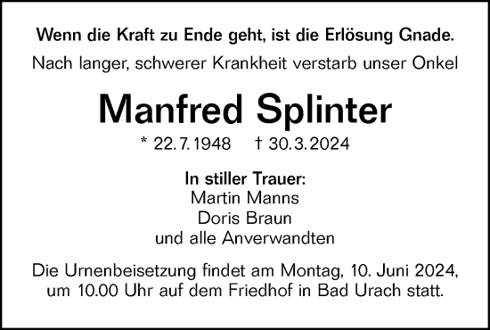 Traueranzeige von Manfred Splinter von Alb-Bote/Metzinger-Uracher Volksblatt