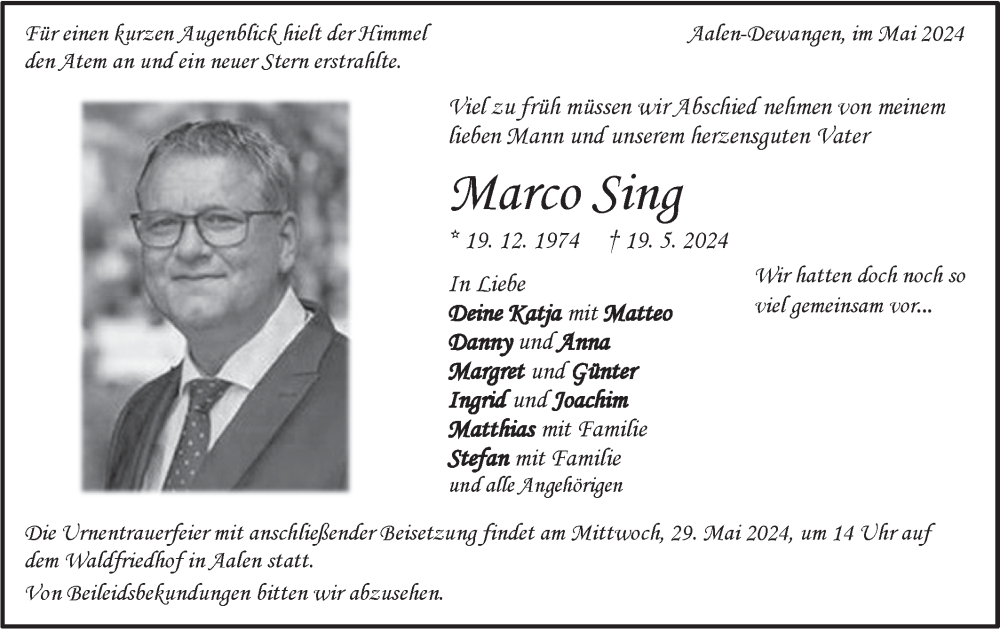  Traueranzeige für Marco Sing vom 25.05.2024 aus Haller Tagblatt