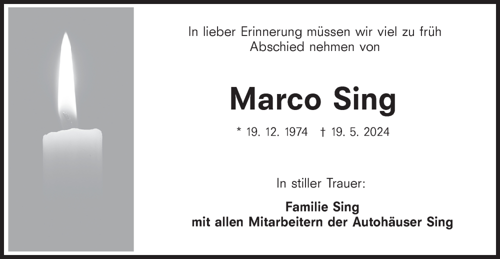  Traueranzeige für Marco Sing vom 28.05.2024 aus Haller Tagblatt