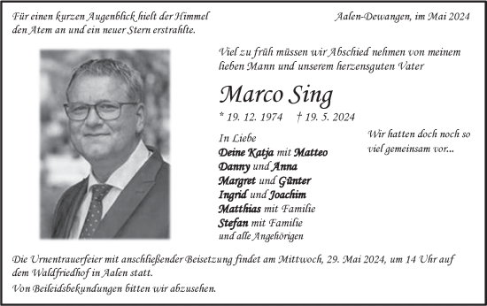 Traueranzeige von Marco Sing von Haller Tagblatt