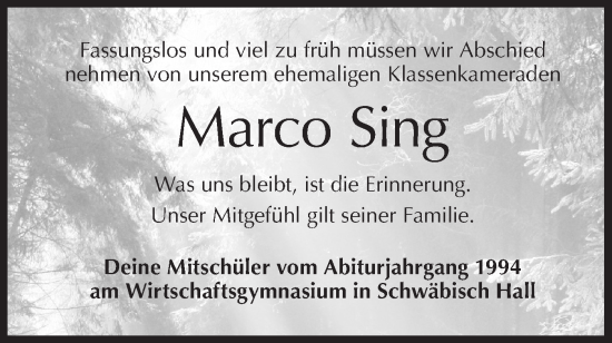 Traueranzeige von Marco Sing von Haller Tagblatt/Haller Tagblatt