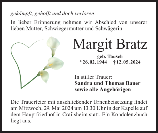 Traueranzeige von Margit Bratz von Hohenloher Tagblatt