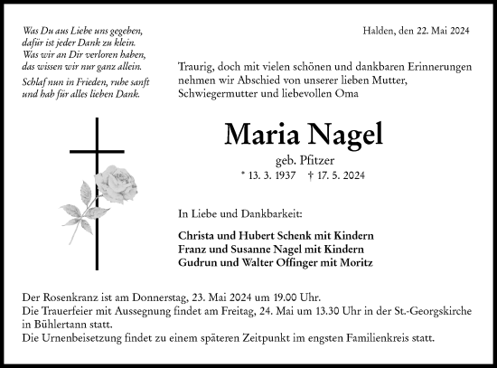 Traueranzeige von Maria Nagel von Haller Tagblatt
