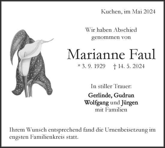 Traueranzeige von Marianne Faul von Geislinger Zeitung