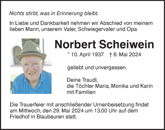 Traueranzeige von Norbert Scheiwein von Das Blaumännle/SÜDWEST PRESSE Ausgabe Ulm/Neu-Ulm
