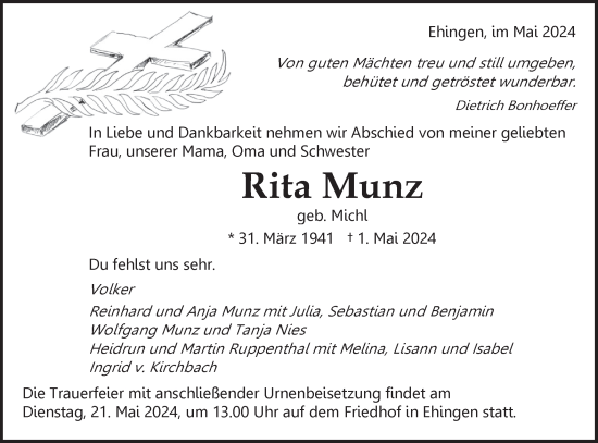 Traueranzeige von Rita Munz von Ehinger Tagblatt