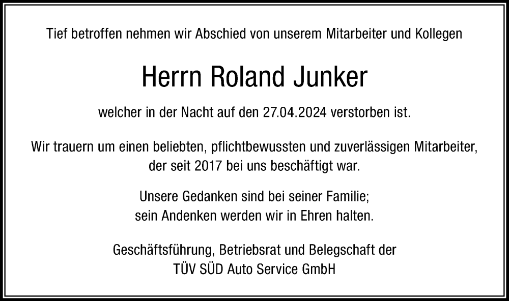  Traueranzeige für Roland Junker vom 03.05.2024 aus Hohenloher Tagblatt/Hohenloher Tagblatt