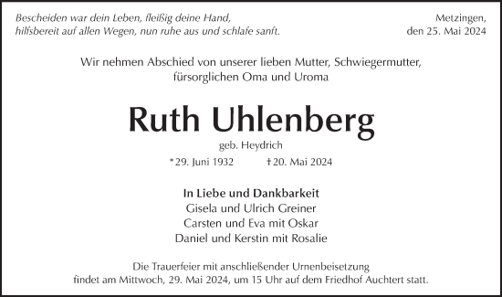 Traueranzeige von Ruth Uhlenberg von Alb-Bote/Metzinger-Uracher Volksblatt