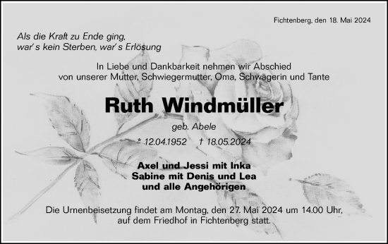 Traueranzeige von Ruth Windmüller von Rundschau Gaildorf