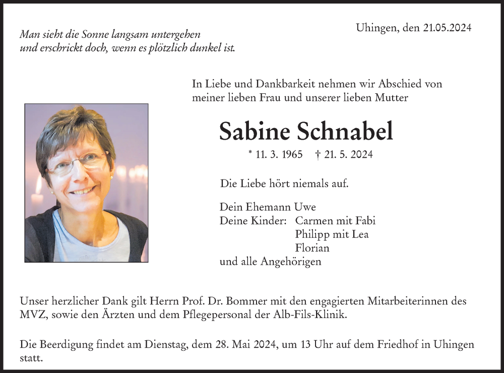  Traueranzeige für Sabine Schnabel vom 25.05.2024 aus NWZ Neue Württembergische Zeitung