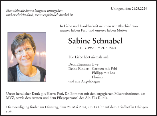 Traueranzeige von Sabine Schnabel von NWZ Neue Württembergische Zeitung