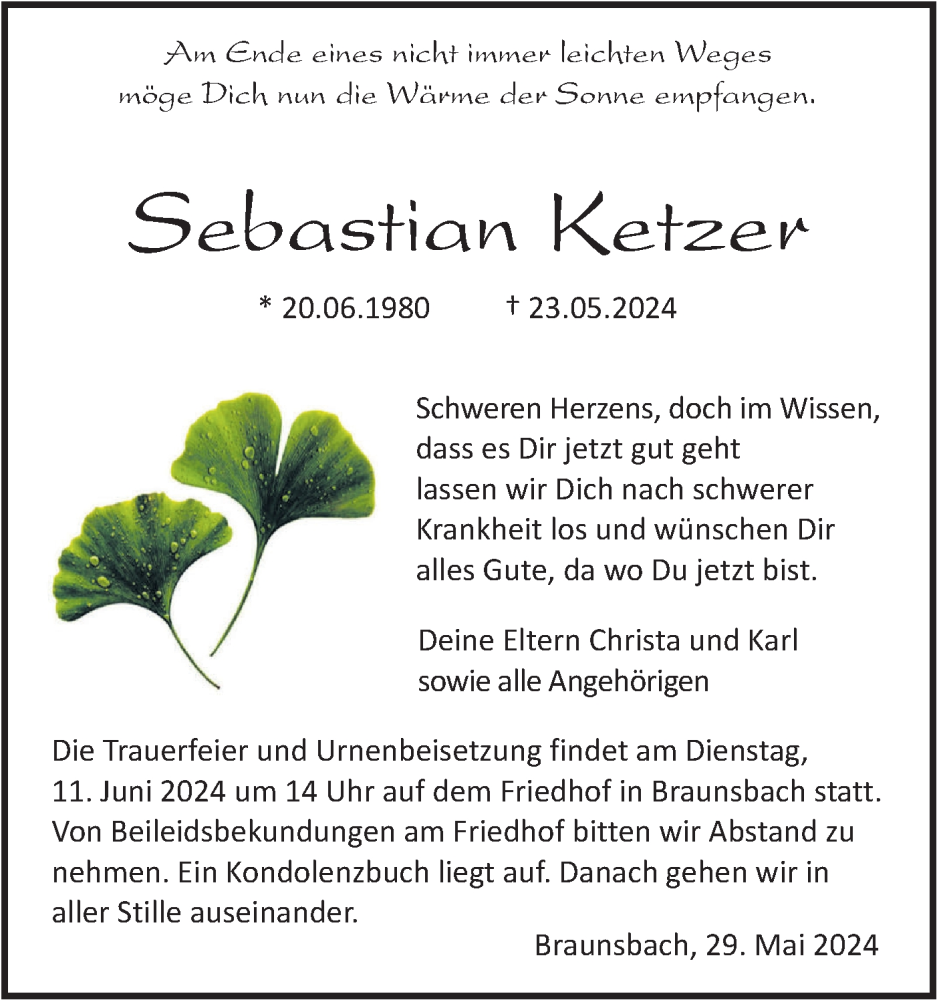  Traueranzeige für Sebastian Ketzer vom 29.05.2024 aus Haller Tagblatt