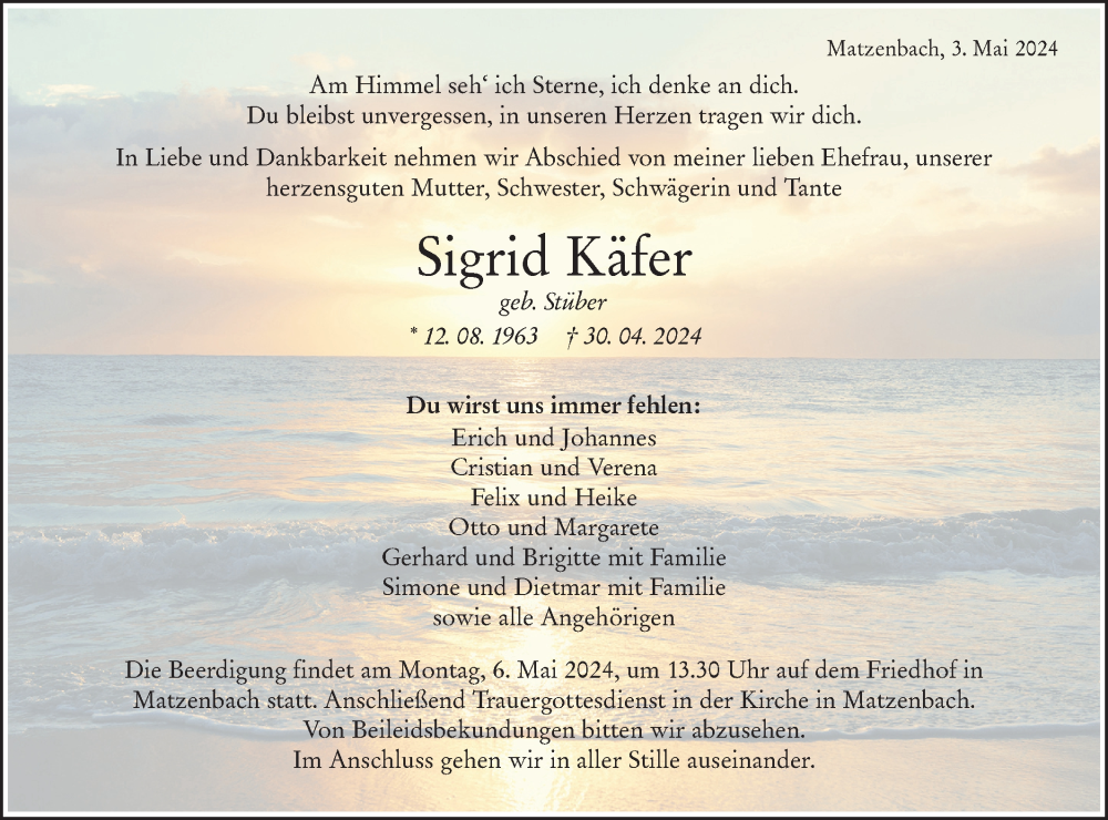  Traueranzeige für Sigrid Käfer vom 03.05.2024 aus Hohenloher Tagblatt