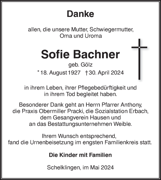 Traueranzeige von Sofie Bachner von Ehinger Tagblatt