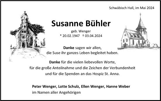 Traueranzeige von Susanne Bühler von Rundschau Gaildorf/Haller Tagblatt