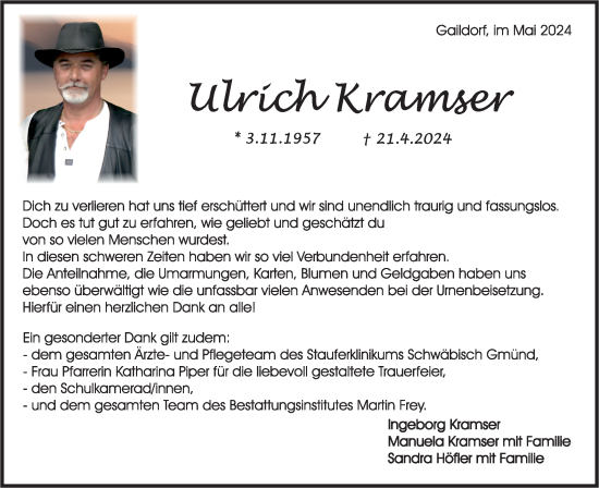 Traueranzeige von Ulrich Kramser von Rundschau Gaildorf