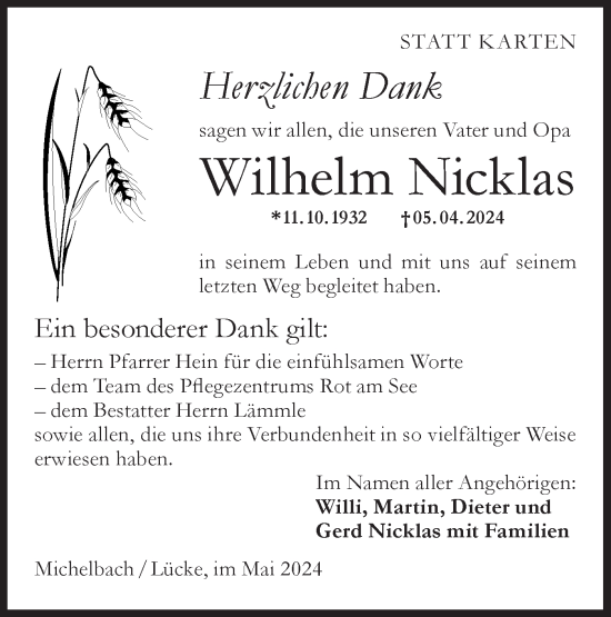 Traueranzeige von Wilhelm Nicklas von Hohenloher Tagblatt