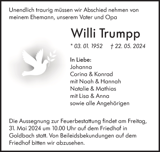 Traueranzeige von Willi Trumpp von Hohenloher Tagblatt