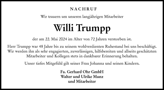 Traueranzeige von Willi Trumpp von Hohenloher Tagblatt