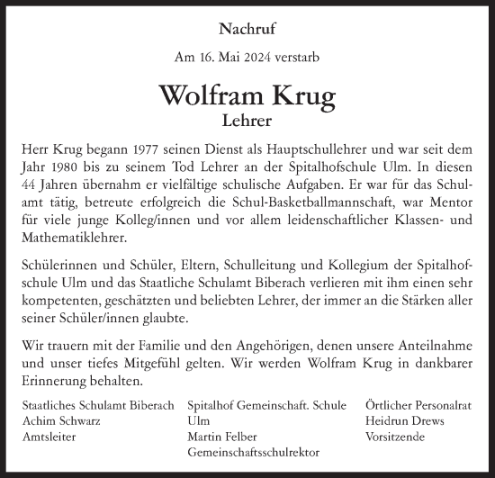 Traueranzeige von Wolfram Krug von SÜDWEST PRESSE Ausgabe Ulm/Neu-Ulm