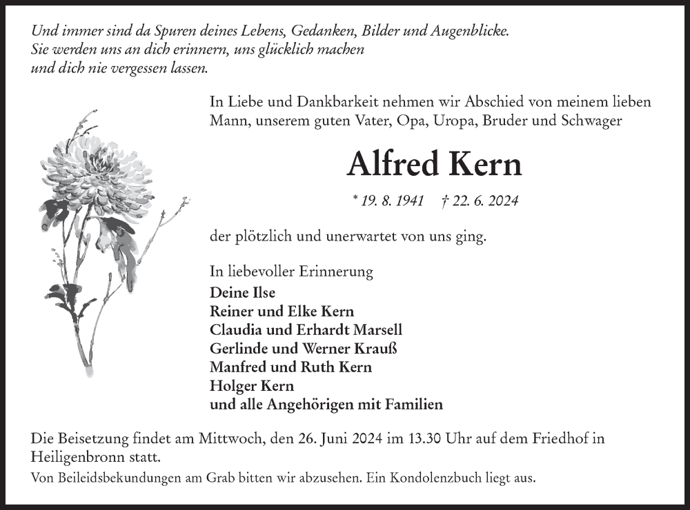  Traueranzeige für Alfred Kern vom 25.06.2024 aus Hohenloher Tagblatt