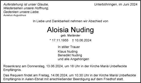 Traueranzeige von Aloisia Nuding von Geislinger Zeitung