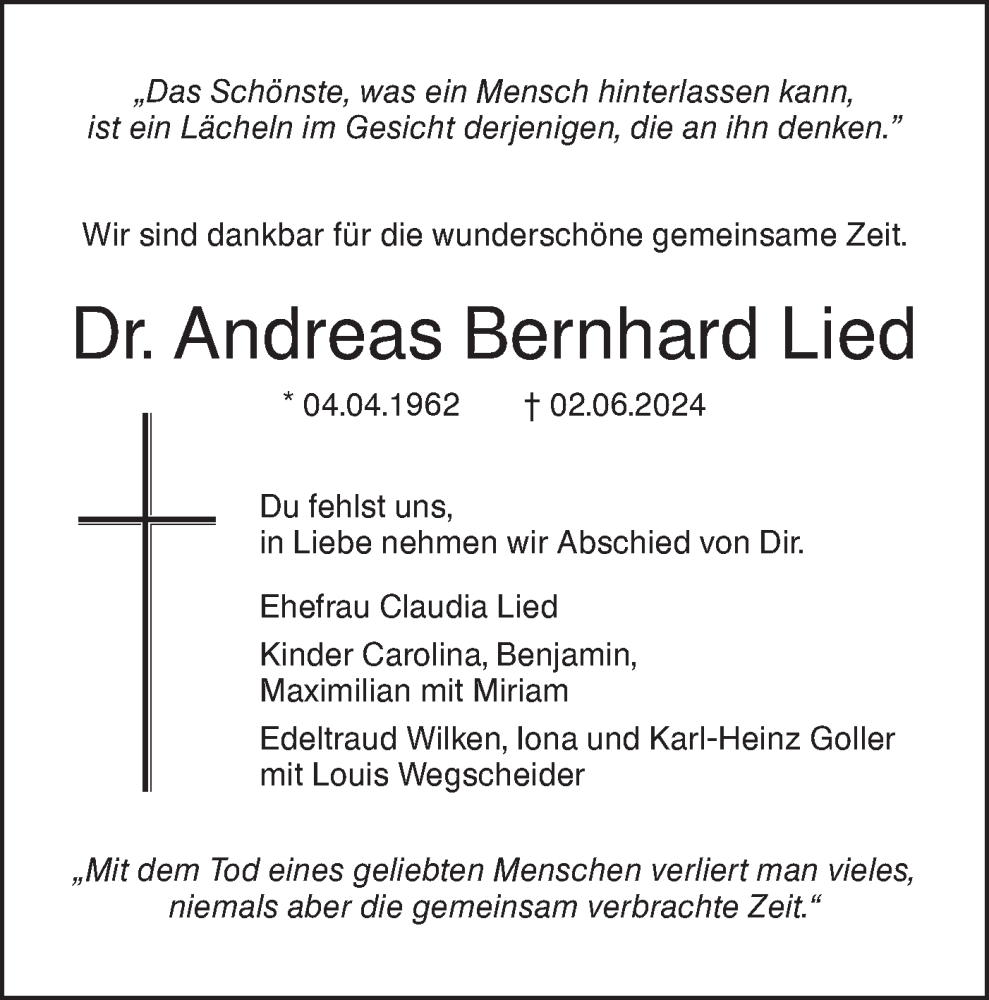  Traueranzeige für Andreas Bernhard Lied vom 05.06.2024 aus SÜDWEST PRESSE Ausgabe Ulm/Neu-Ulm
