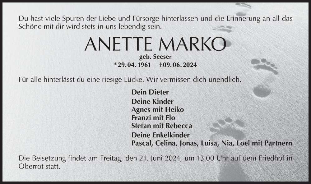  Traueranzeige für Anette Marko vom 19.06.2024 aus Rundschau Gaildorf