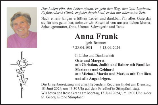 Traueranzeige von Anna Frank von Hohenloher Tagblatt