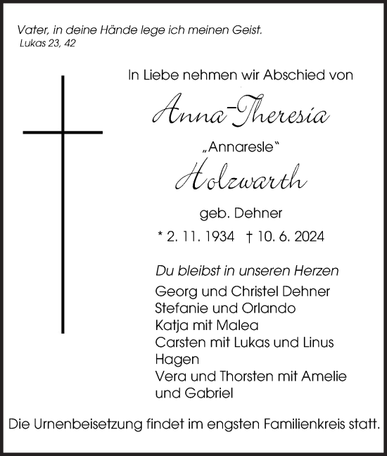 Traueranzeige von Anna-Theresia Holzwarth von SÜDWEST PRESSE Zollernalbkreis/Hohenzollerische Zeitung