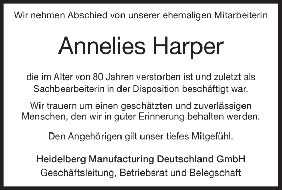 Traueranzeige von Annelies Harper von Geislinger Zeitung